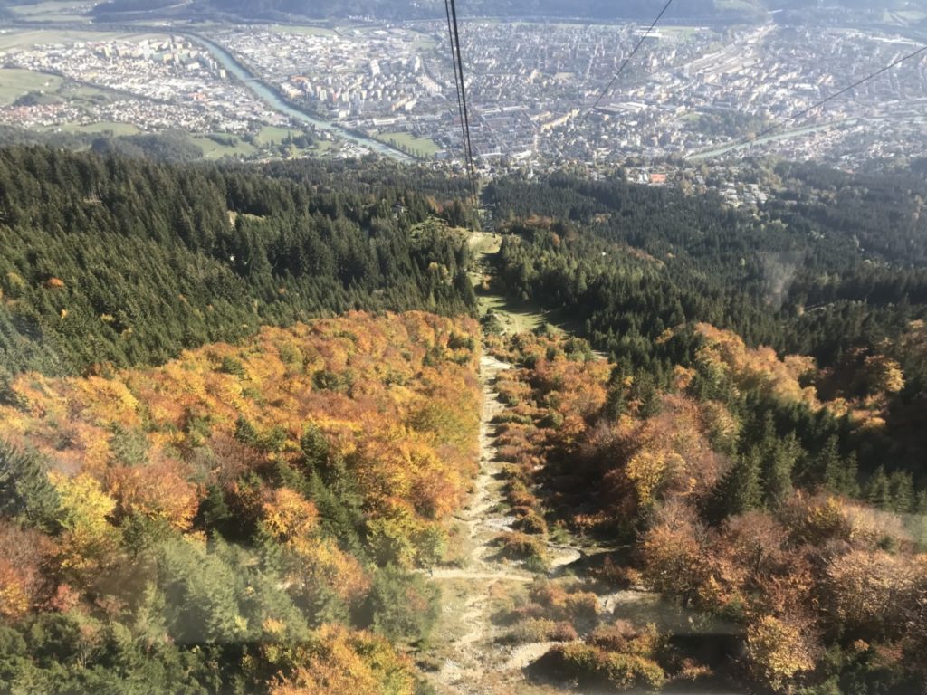 Der bunte Wald auf der Nordkette mit Blick auf die Stadt